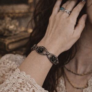 Vintage Sterling Silver Rose Link Bracelet 925 Floral 7"